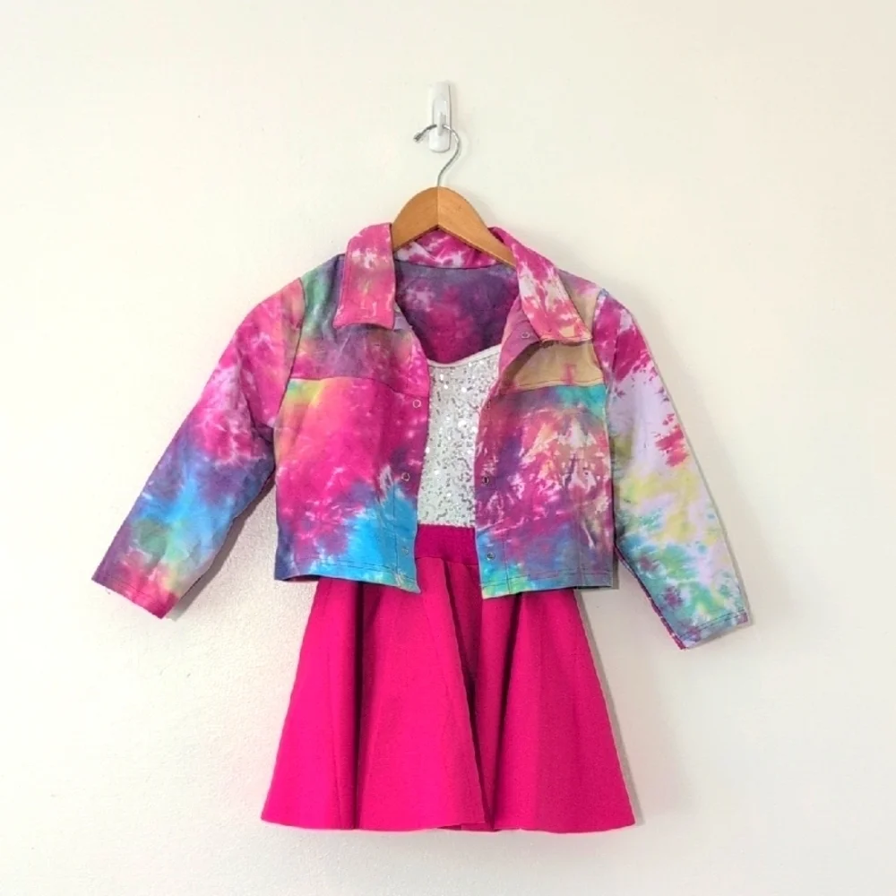 New Weissman Tie-Dye Jacket Sequin Pink Skater Dress Shorts Set Dance Party M